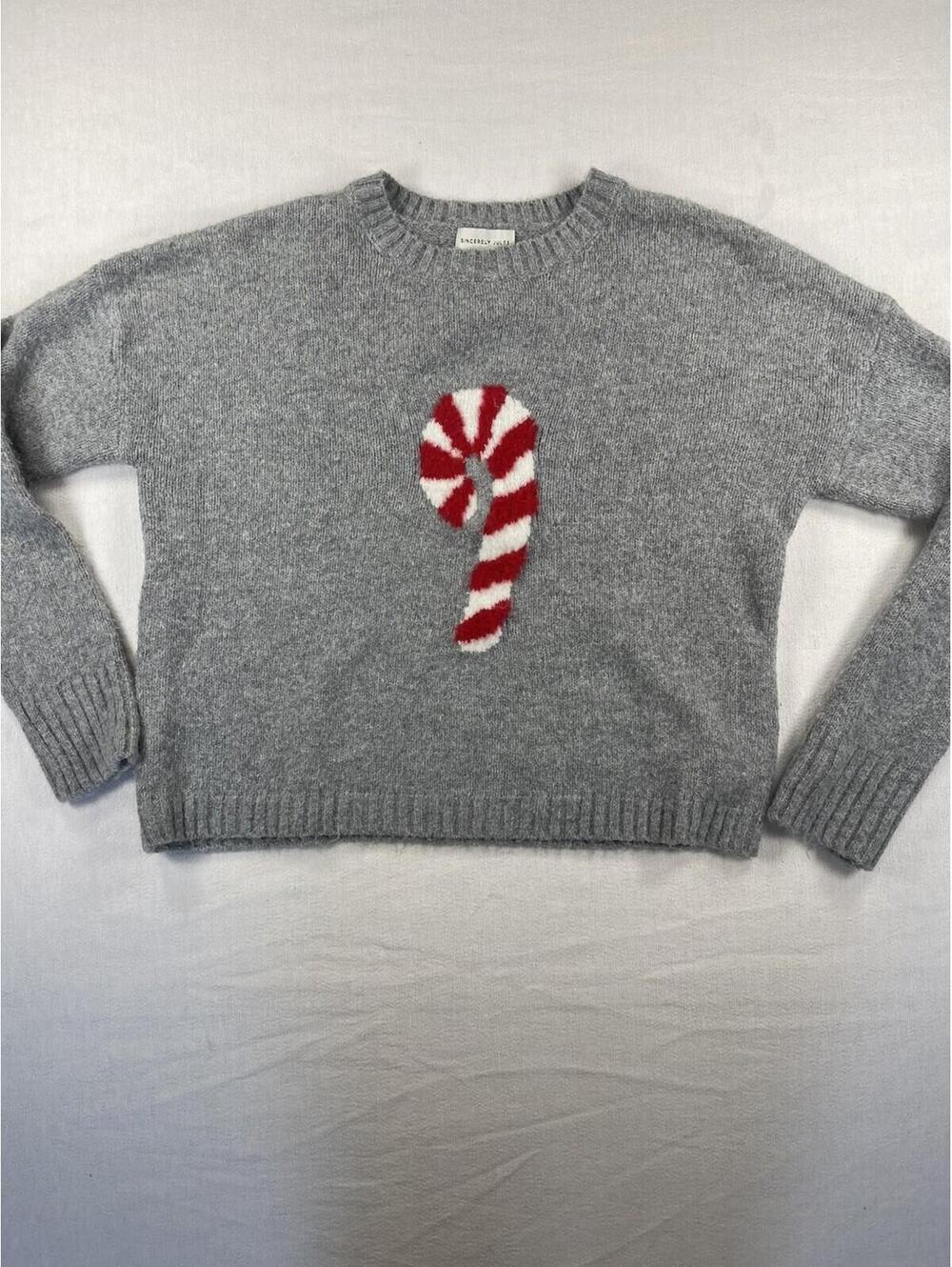 Women's Candy Cane Pullover Sweater Grey Medium Bold Christmas Holiday Chunky